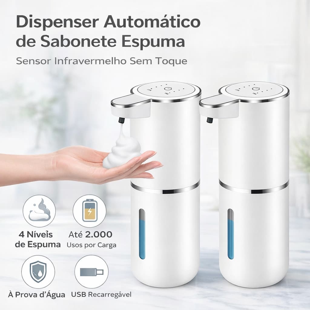 Dispenser Automático De Sabonete Espuma Com Sensor USB-C Recarregável 380ML IPX5 Sem Toque