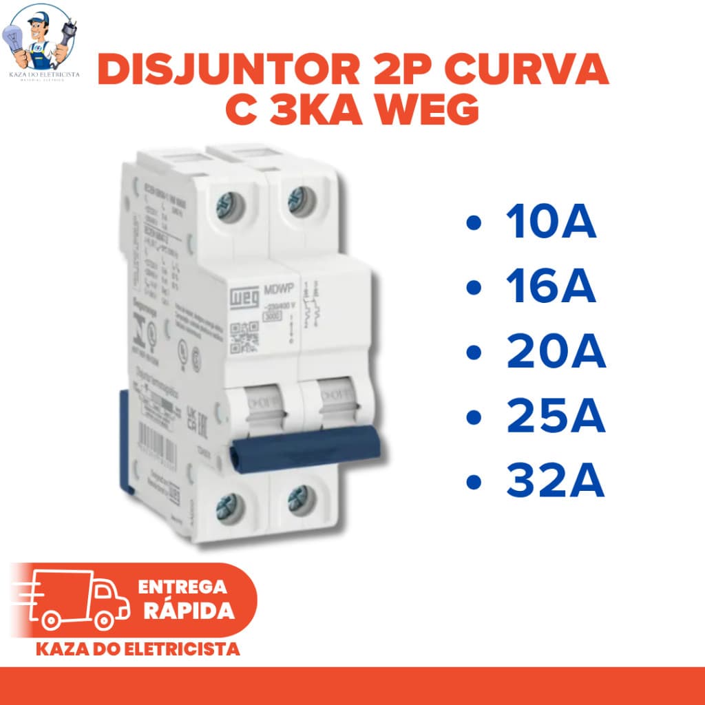 KIT C/2 Disjuntor Bipolar WEG MDWP Curva C 3kA Bifásico 2P Trilho DIN