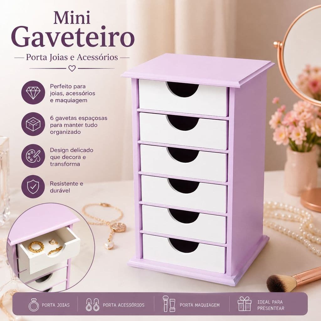 Mini Gaveteiro Organizador De Joias Bijuterias 6 Gavetas Meia Lua MDF Porta Maquiagem de Mesa Quarto Enfeite Decorativo
