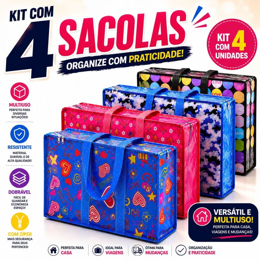 Kit 4 Bolsa Organizadora Grande Impermeável Com Zíper Para Cobertor Mudança Sacola Feira Resistente