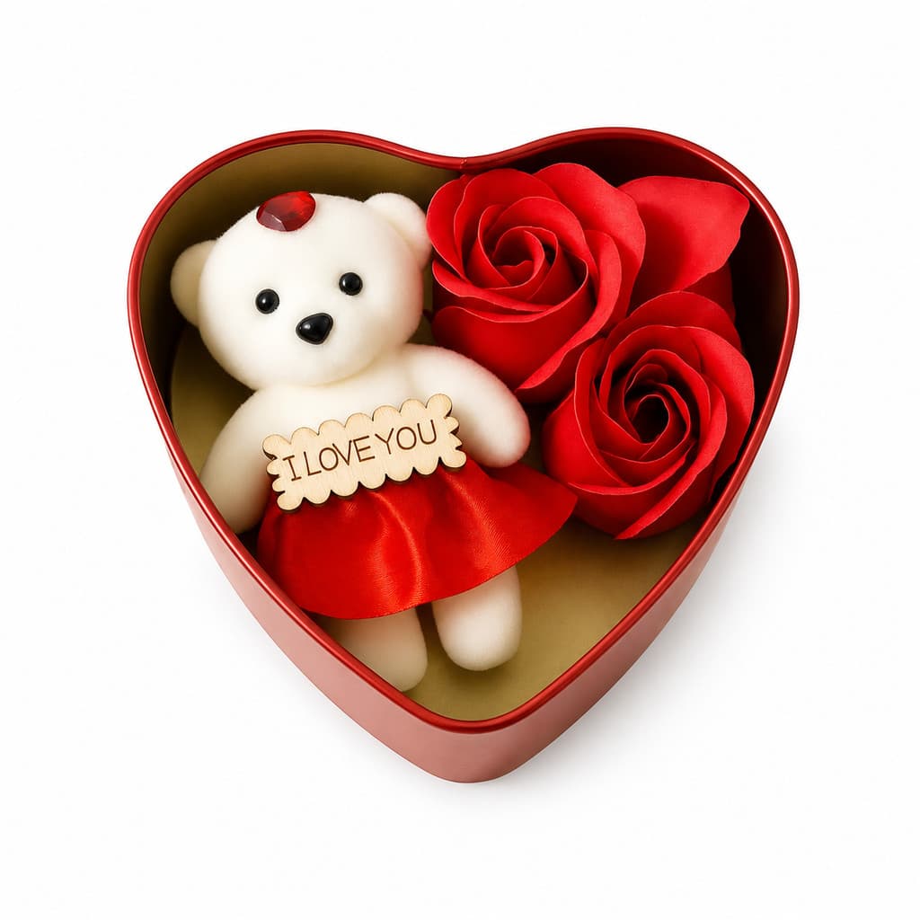 Caixa De Presente Mini Coração Vermelho Com Rosa E Ursinho Porta Joias Dia dos Namorados -12cm