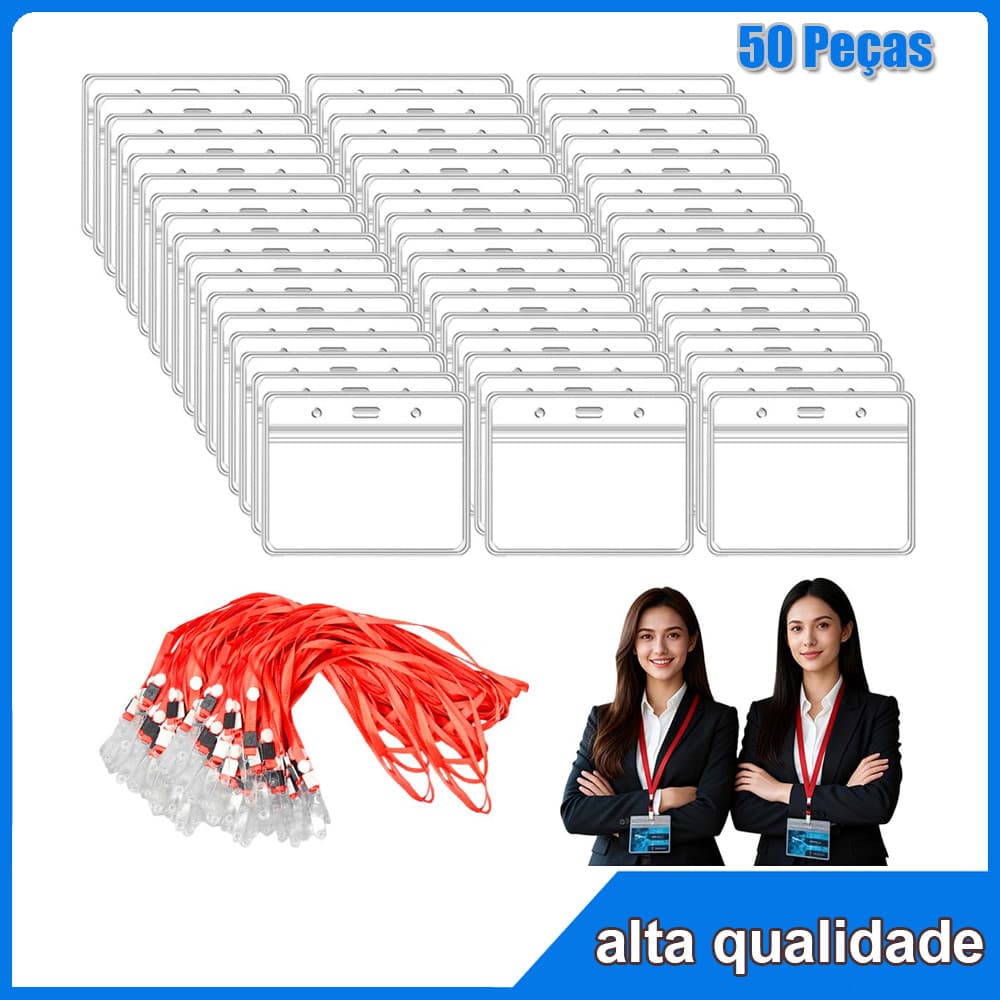 50 porta-crachás horizontal porta-cartões de identificação com Vermelho cordão de protetora de crachás impermeável