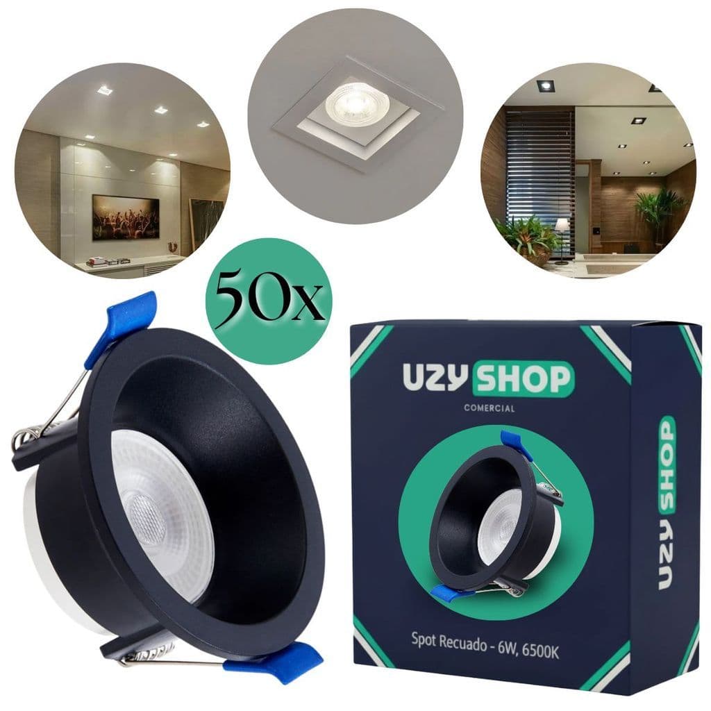 Kit 50 Spot Recuado LED 6W Embutir Com Lâmpada Dicroica Frio Quente Redondo Branco Quadrado Bivolt