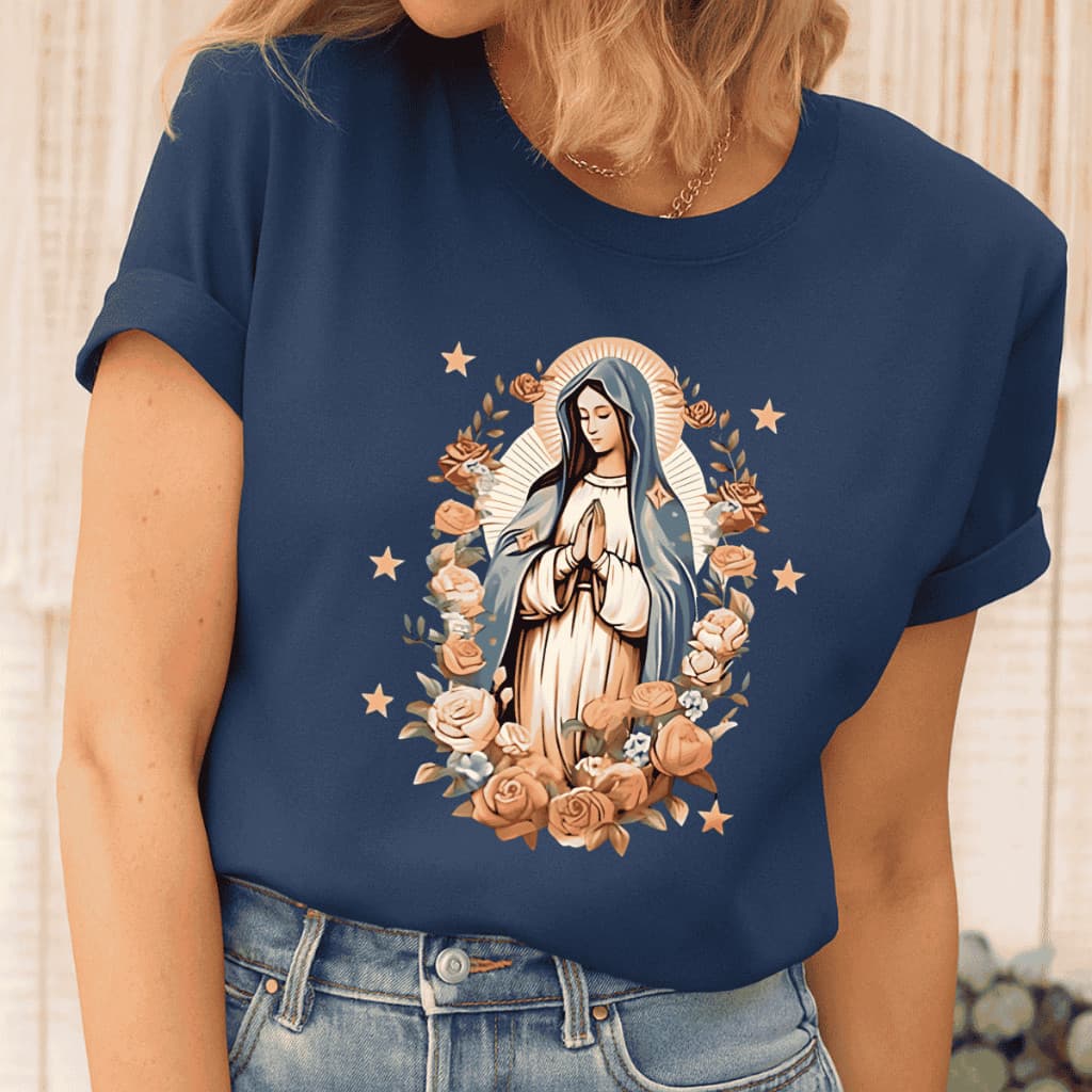 Camiseta Feminina Masculina Estampada Virgem Maria Blusa Algodão Moda Religiosa Cristã Plus Size
