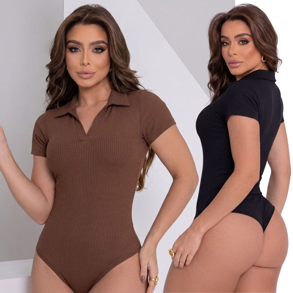Kit 2 Body Feminino Gola Polo Canelado Manga Curta Conforto Estilo Casual Elegante Ajustado Premium