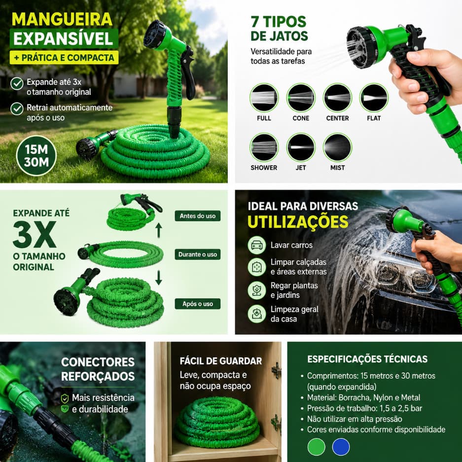 Mangueira Expansível 15m e 30m com Pistola 7 Tipos de Jato para Jardim e Lavagem