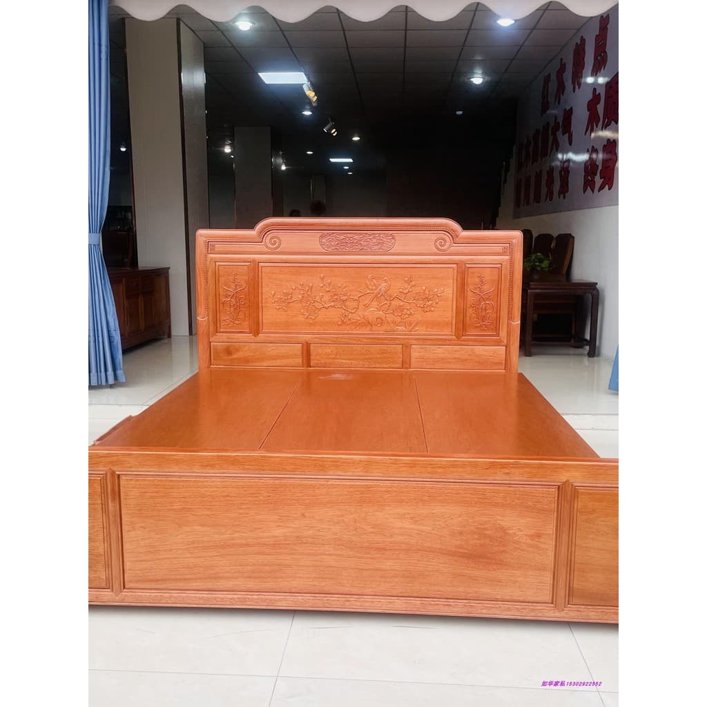 Cama grande de madeira com grade de abacaxi em mogno, madeira maciça de alta qualidade com cama de desenho, cama de casa
