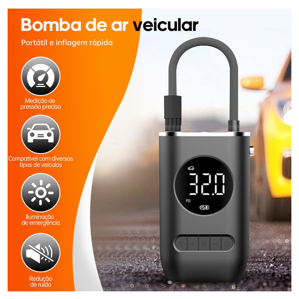 Mini Compressor Ar Digital Bomba Pneu Portátil com Lanterna p/ Carro e Moto Estoque no Brasil Envio Imediato