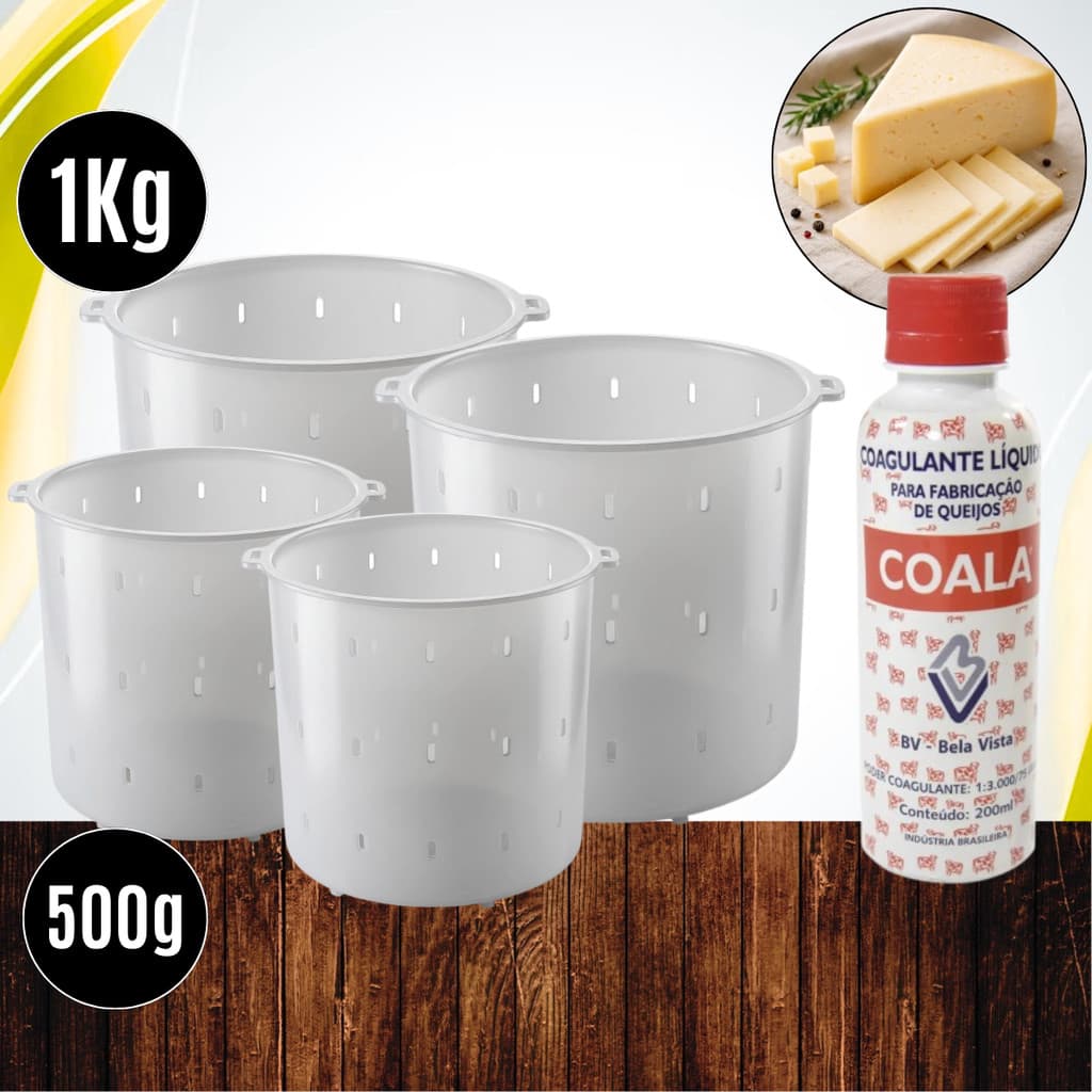 Kits Queijeiro Coalho BV 200ml + Formas 500g e 1kg (Especial e reforçadas) p/ Queijos Minas Curados