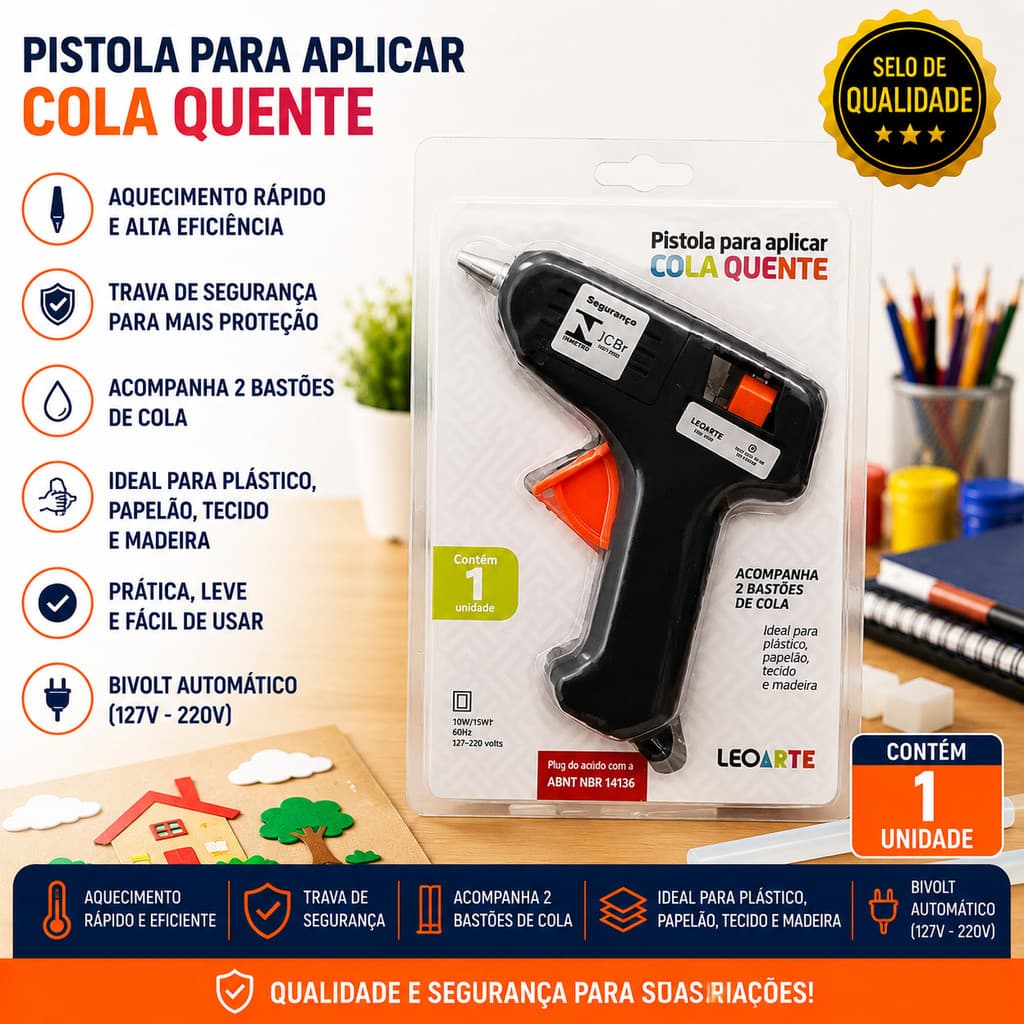 Pistola Para Cola Quente Grande Bivolt + 2 Bastões Grátis – Alta Potência e Praticidade