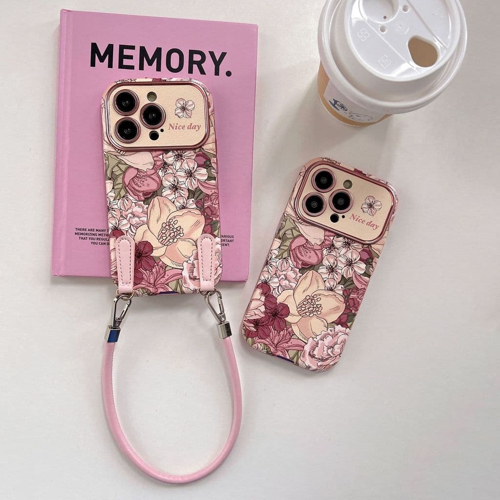 Capa de telefone retrô com pintura a óleo flor rosa com cordão adequada para iPhone 17/16/15 Pro Max Couro resistente a