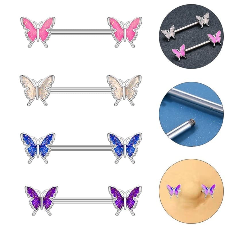 Piercing Mamilo Titânio Hipoalergênico Borboleta Brilho Par Branco Roxo Rosa