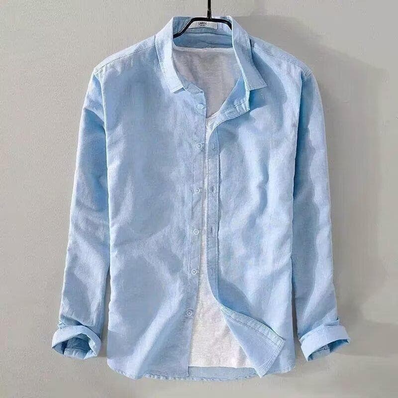 Camisa de linho de cor sólida masculina manga comprida lapela Casual Slim fit japonês simples respirável algodão linho