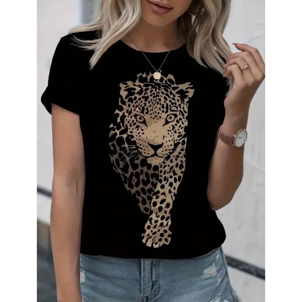 Camiseta Feminina T-Shirt Blusa Estampada Onça Pinta Gola Redonda 100% Algodão Minimalista