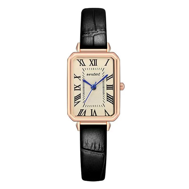 Relógio de Quartzo Feminino Formato Quadrado Pulseira em Couro Sofisticada