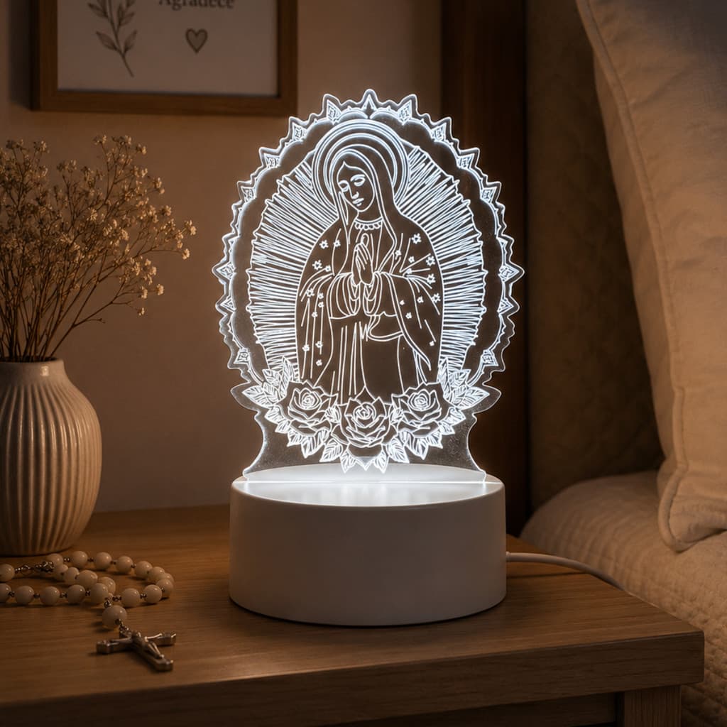 Luminária Nossa Senhora 3D LED Abajur Religioso Luz Noturna Decorativa para Quarto E Mesa