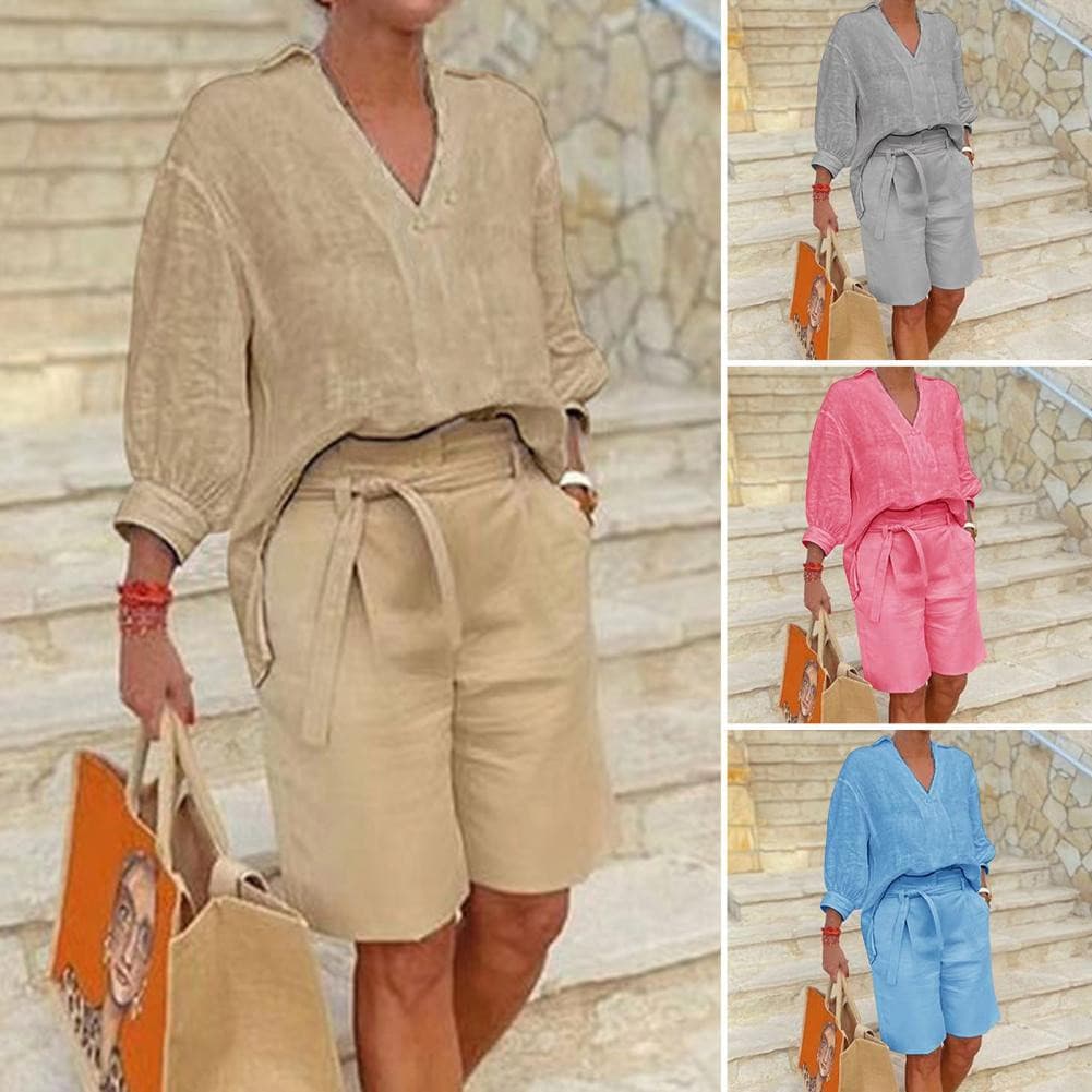 Conjunto De Shorts Femininos Casuais De Algodão E Linho Com 2 Peças/Bolso Elástico Colorido Na Cintura Em V