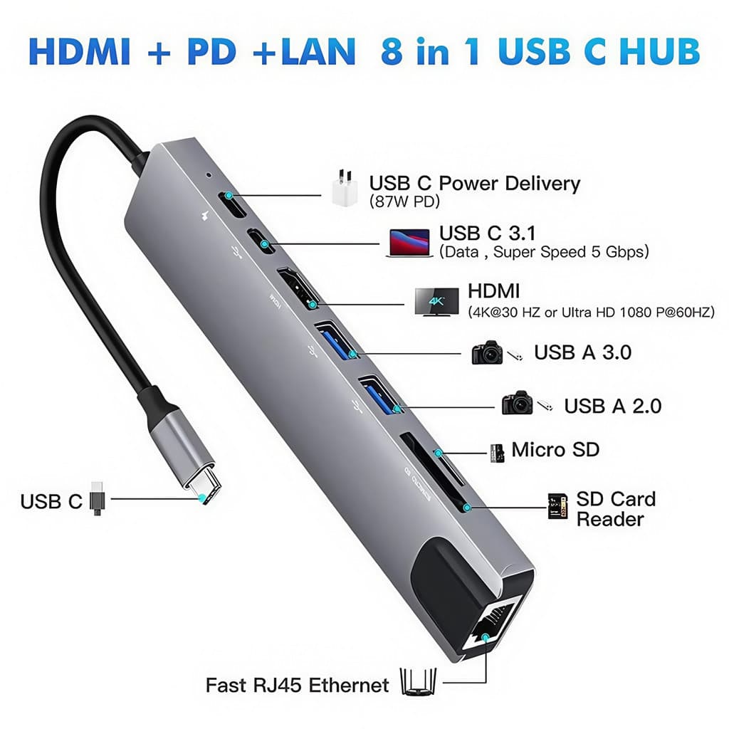 HUB 6 EM 1/7 Em 1/8 Em 1 Tipo C USB HDTV 4K 30Hz Vídeo USB 3.0 USB 2.0 SD TF Cartão Slot Leitor de Dados USB-C