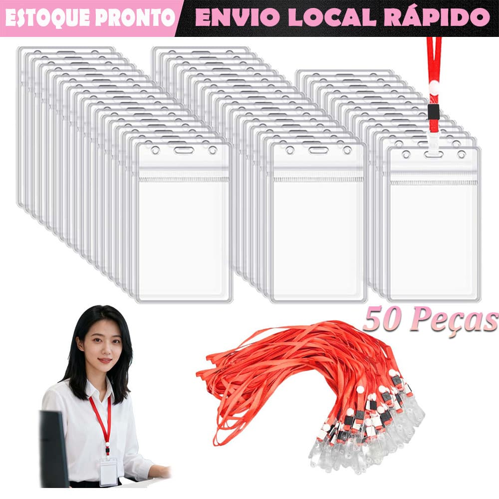 50pç porta-crachás de identificação com Vermelho cordão porta-crachás de plástico selável à prova d'água Vertical padrão