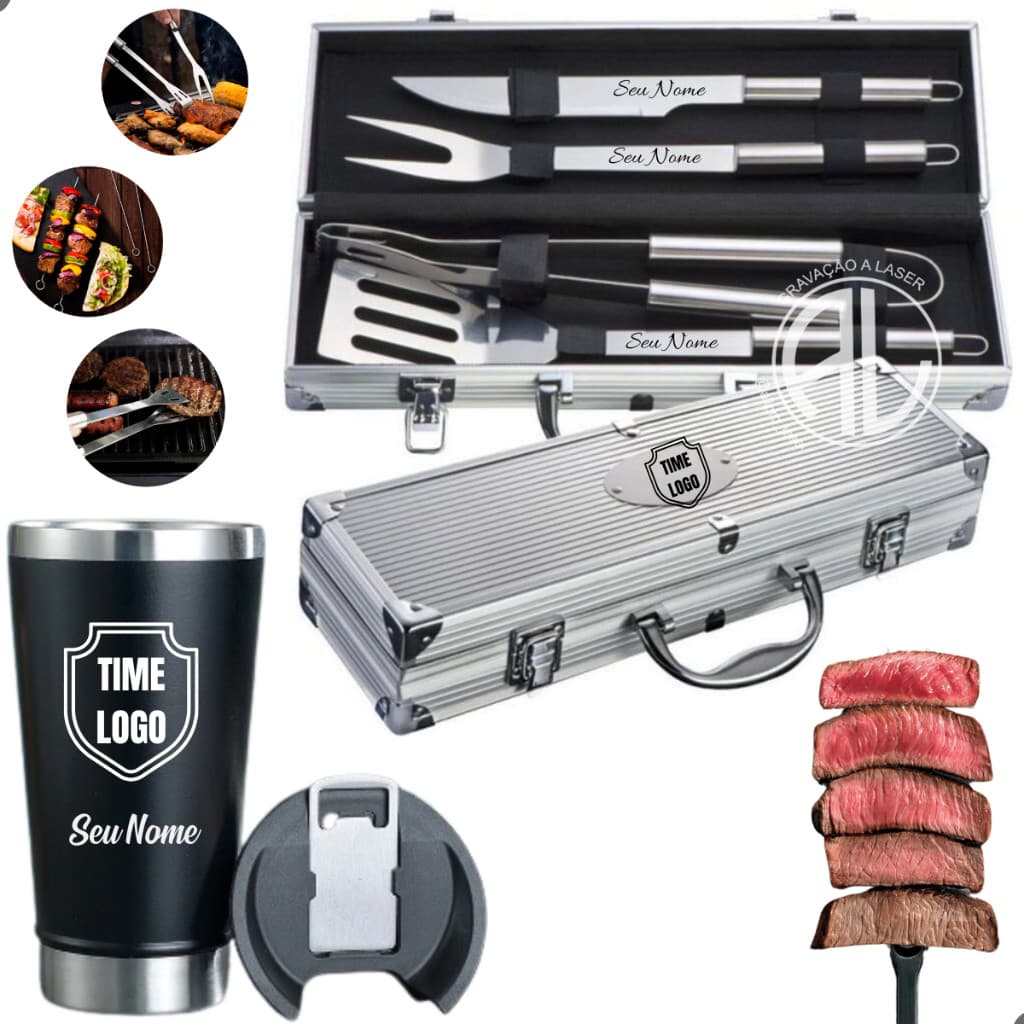 Kit Churrasco 4 Pçs + Copo Personalizado Nome Time Logo
