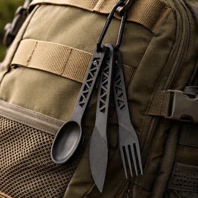 Kit de Talheres Camping Portátil com Mosquetão – Leve e Resistente para Trilha e Viagem Colher Garfo e Faca
