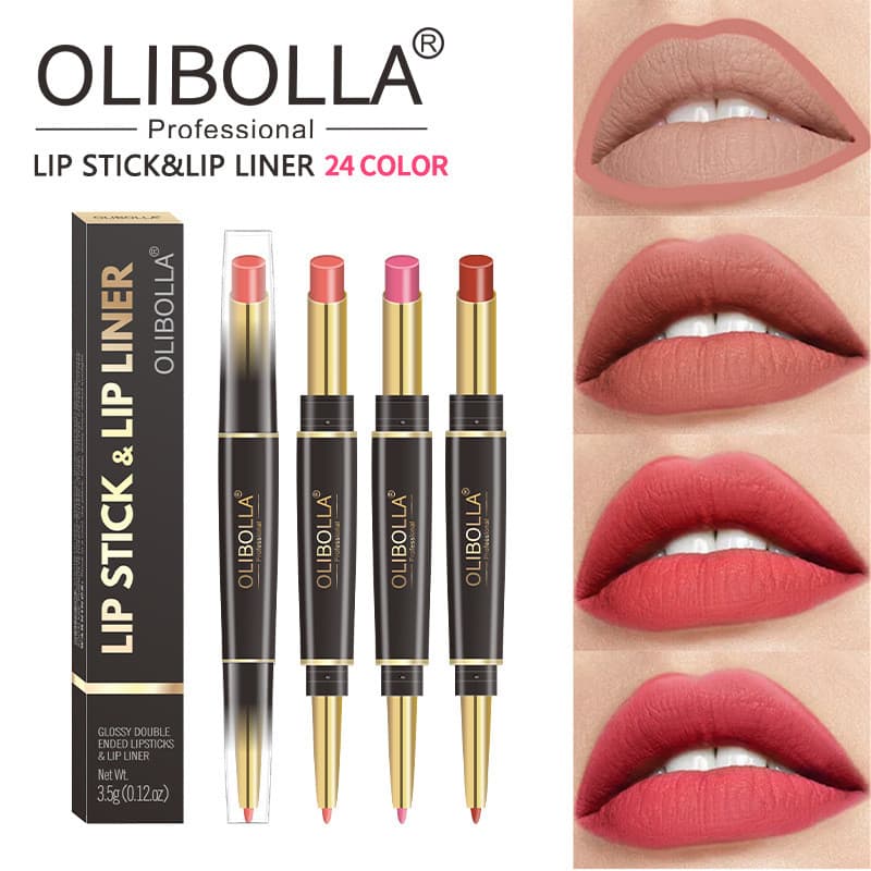 OLIBOLLA Caneta Batom de Duas Cabeças Delineador Labial 24 Cores Renderização de Cores Peroladas À Prova D 'Água Batom R
