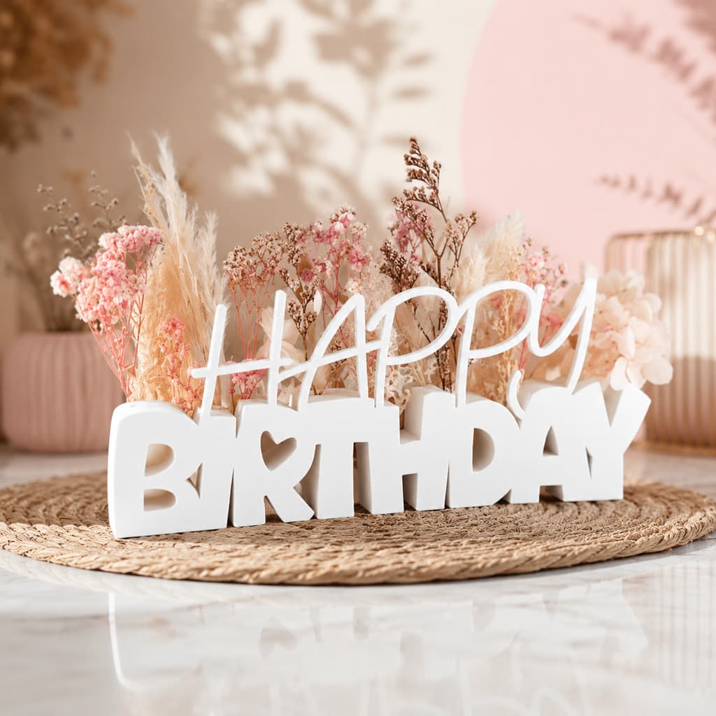 Enfeite Decorativo Happy Birthday Personalizado | Centro de Mesa Festa Aniversário com Flores | Decoração Elegante