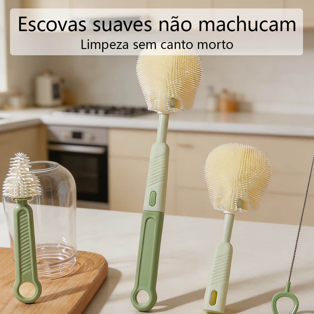 Kit Higiene Limpeza Mamadeiras Garrafinhas 3 Peças Escovas Multifuncional Prática e Durável Perfeita para Copos