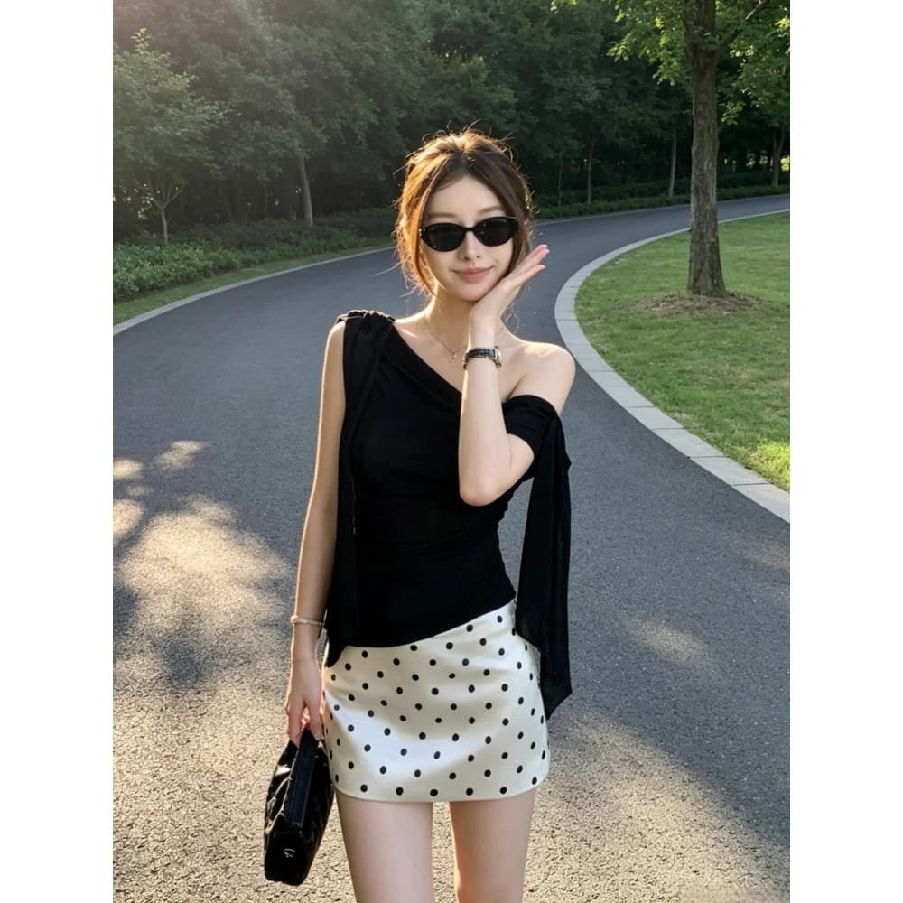 NALYSA Shenzhen Altos Produtos!Francês oblíquo ombro fita sem mangas colete superior feminino cetim Polka Dot saia conju