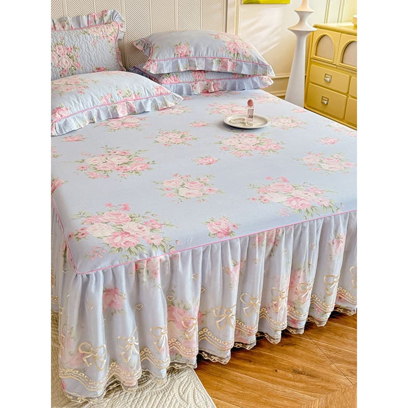 2025 novo estilo fresco Floral estilo princesa saia de cama de algodão peça única grosso puro algodão capa de cama conju