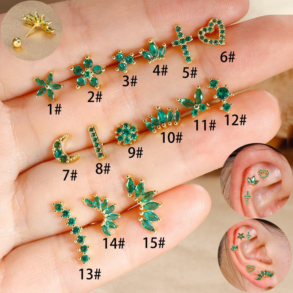 Piercing Tragus Helix Ponto de Luz Prata Verde Cartilagem Orelha Aço Cirúrgico Antialérgico Feminino Strass Mini Joia