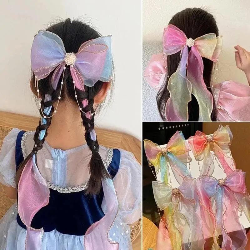 Novas Crianças Doce Grampos De Cabelo Para Meninas Moda Acessórios O Bonito Pérola Colorido Chiffon Arco Fita