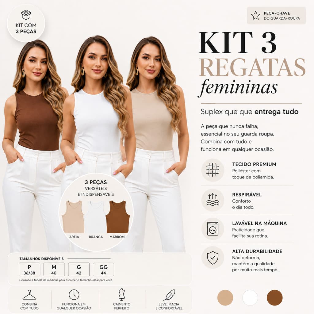 KIT 3 Blusas Casual Basica Regata Suplex Duplo Blusa Feminina  Blogueira Tendencia Basica que Entrega tudo