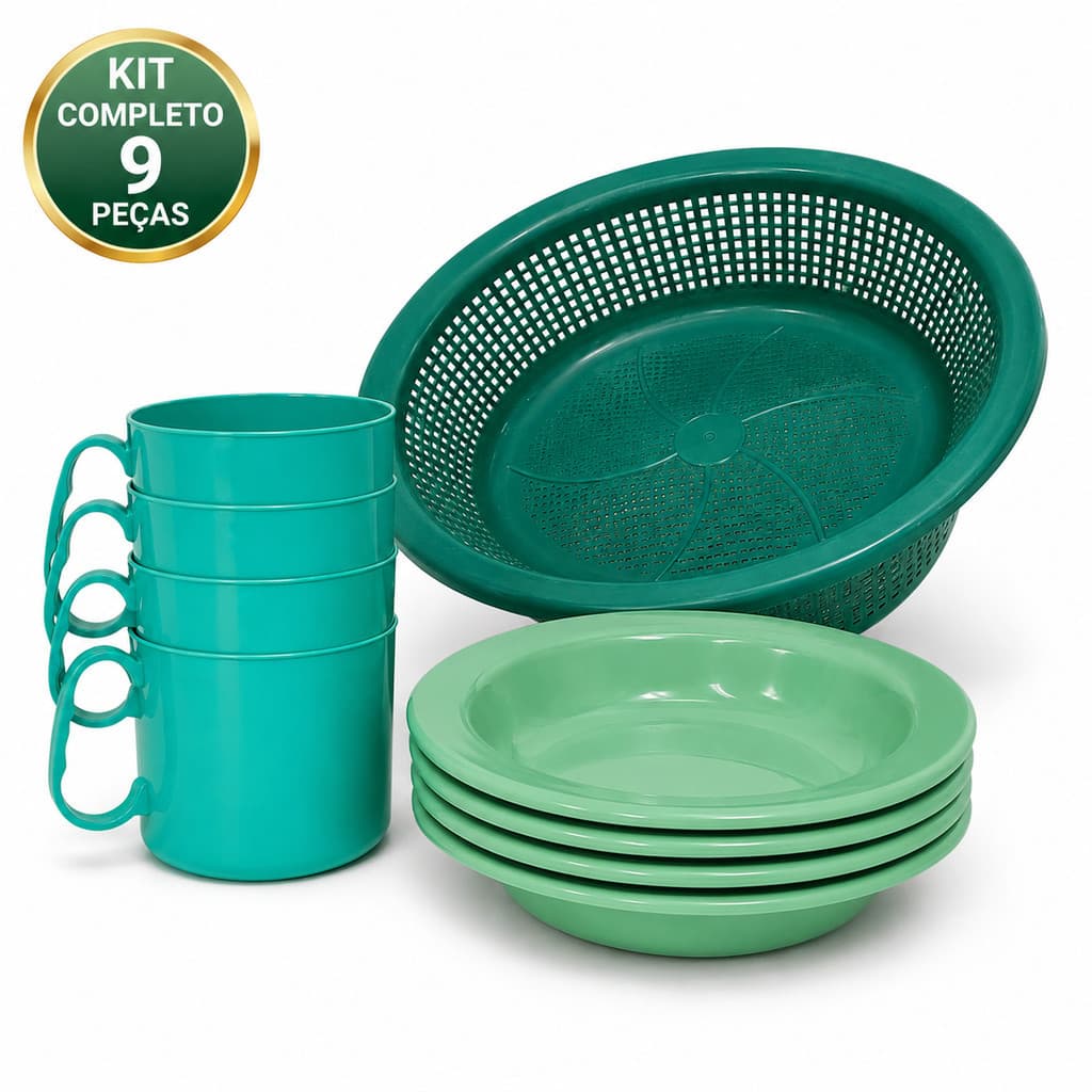 Kit Refeição Completo Prático 9 Pçs PLASTICO Premium Escorredor De Alimentos Prato Caneca Cores