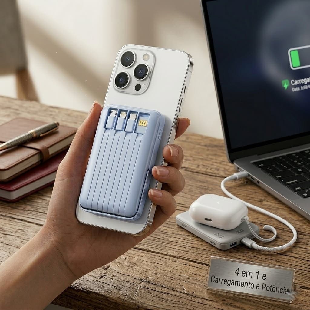 Power Bank 10000mAh 4 em 1 com Indução Sem Fio Carregador Portátil Turbo iPhone e Android