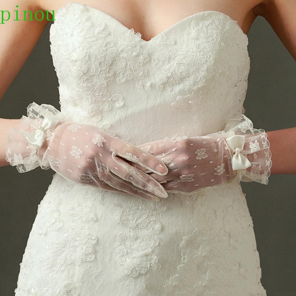 Luvas De Noiva PINOU , Casamento Com Laço Respirável , Gaze Leve Pérola Pretas Curtas Para Banquete