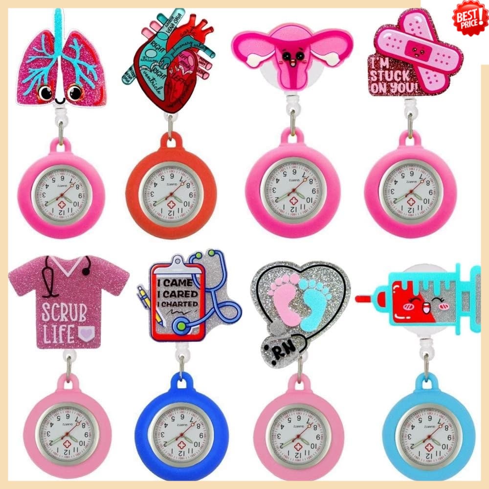 Relógio De Bolso Retrátil Com Glitter De Desenho Animado Para Enfermeiras Médicos Clip-on Pendurado Lapela Enfermeira Fo