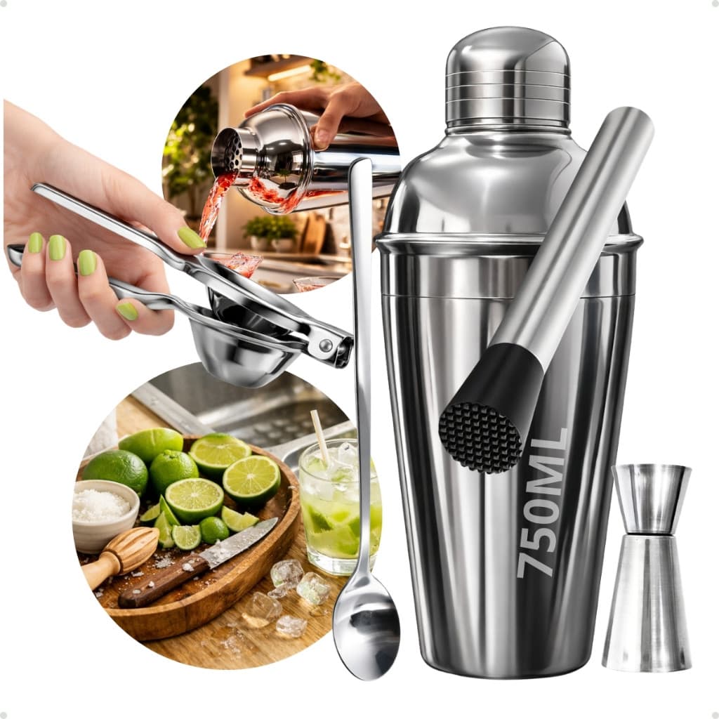 Kit Caipirinha 750 ml Inox 5 Peças Espremedor de limão Coqueteleira Socador Dosador Profissional
