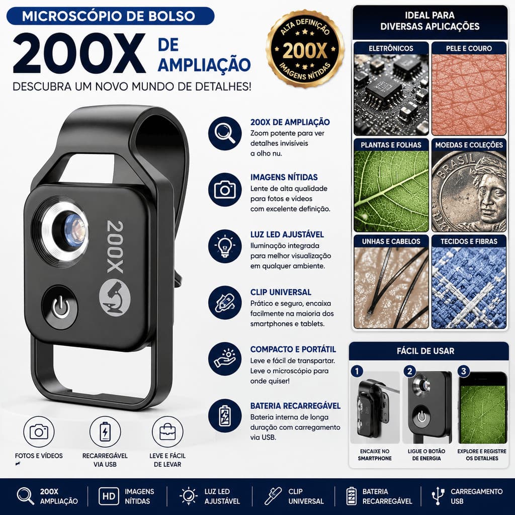 Mini Microscópio 200x Apexel Cpl Bolso Lupa Celular Tablet