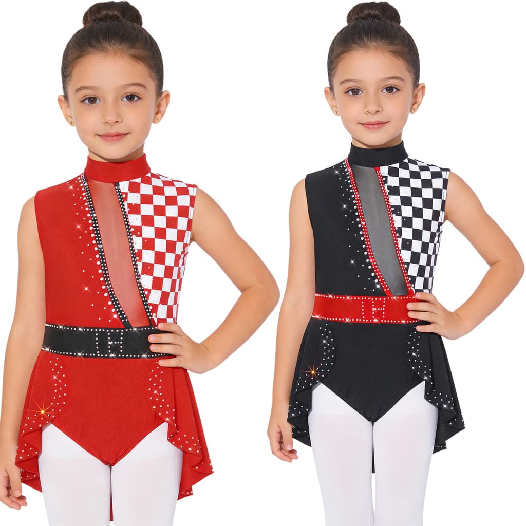 inhzoy Meninas Circo Palhaço Traje Macacão Simulado Pescoço Sem Mangas Brilhante Strass Decoração Retalhos Volta Recorte