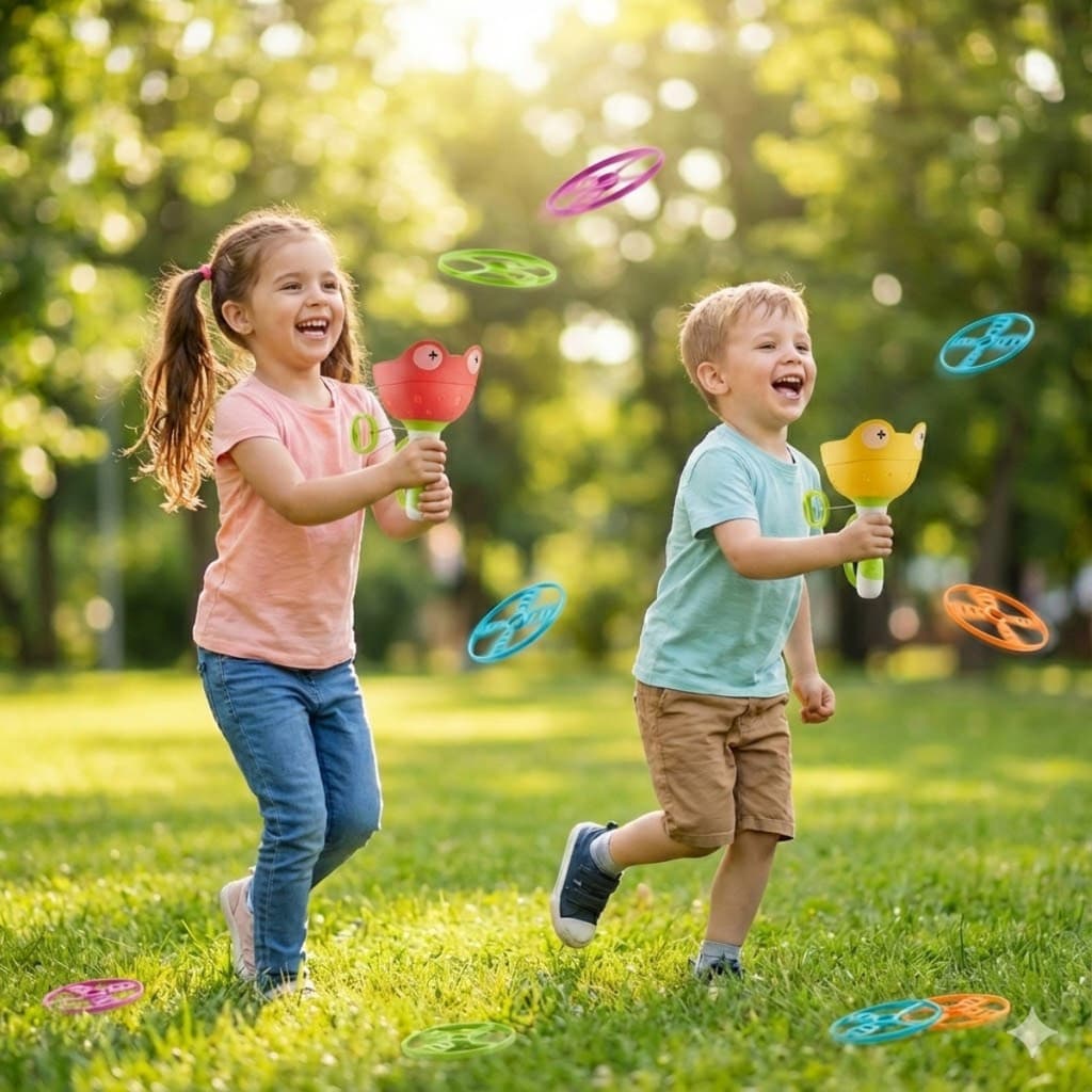 : Brinquedo Lança Hélice Sapinho Pega Disco Voador  Jogo Interativo Infantil Ar Livre 3 Anos