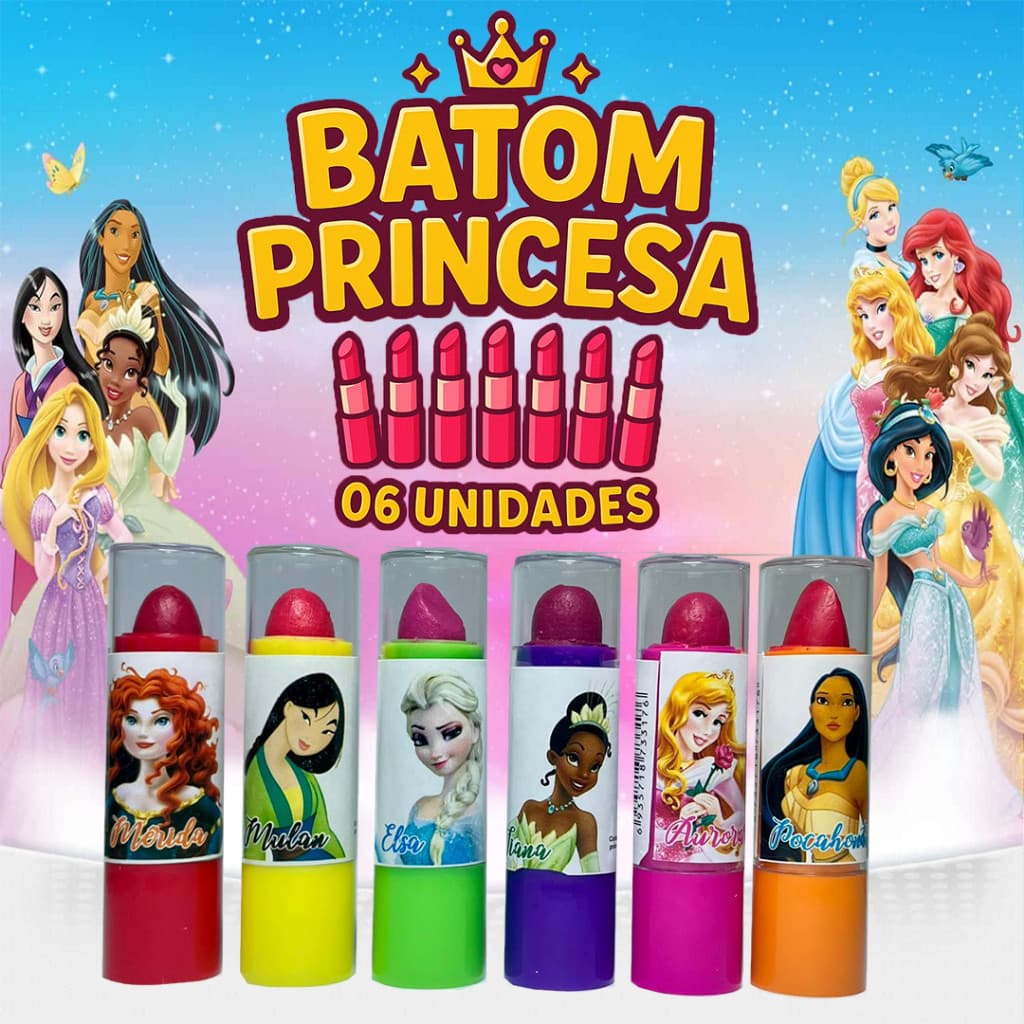 kit C/ 06 Batom Infantil Princesas cores lindas revenda/lembrancinha Envio imediato