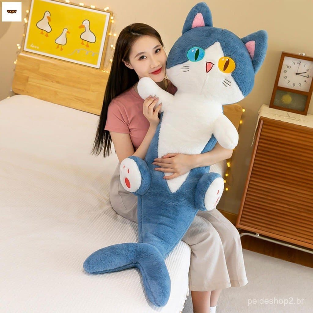 Brinquedo de Pelúcia Tubarão de Desenho Animado Almofada Infantil Cabeça de Gato Corpo de Tubarão Almofada de Dormir Mac