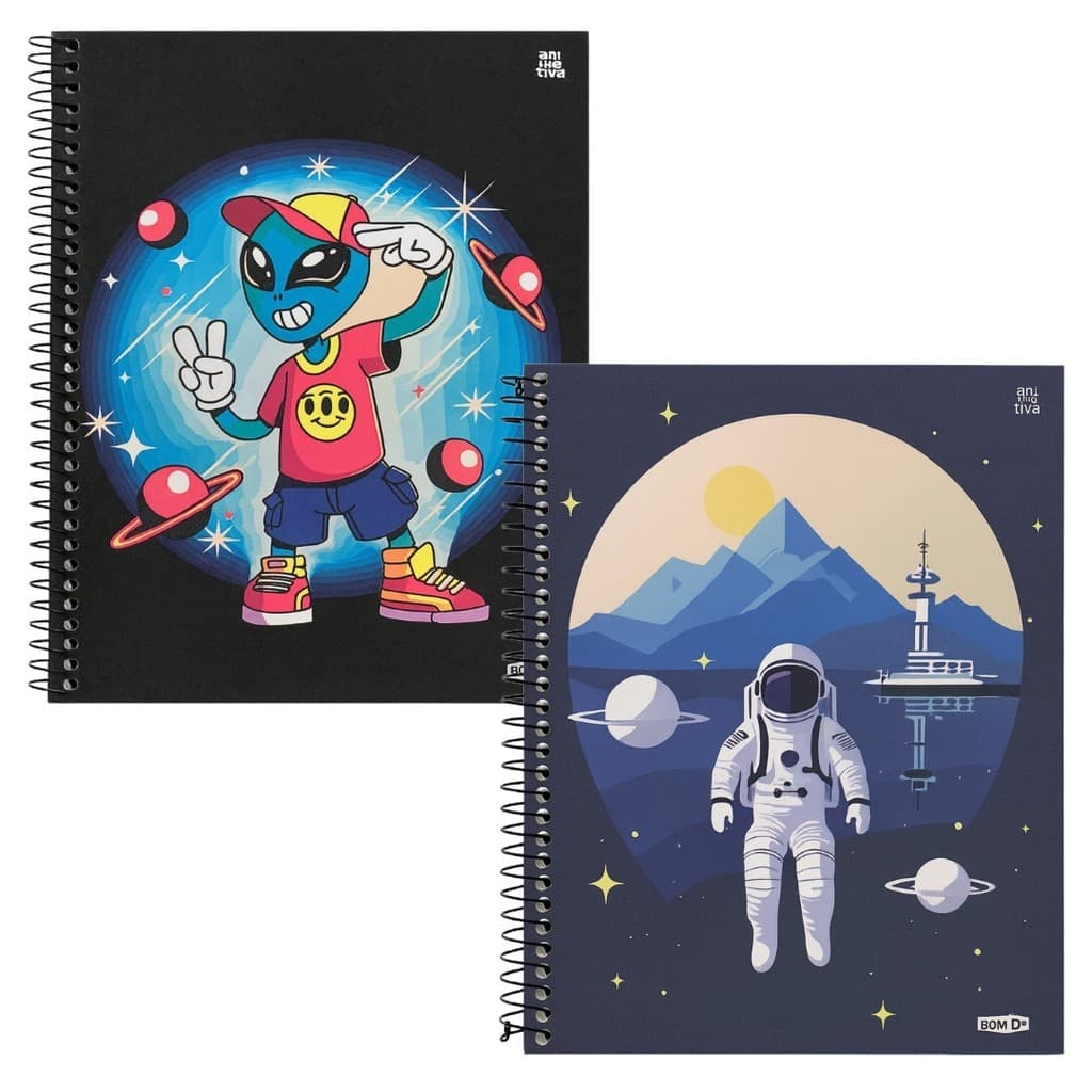 Caderno Grande Universitário Astronauta Capa Dura Masculino 10 Matérias Animativa