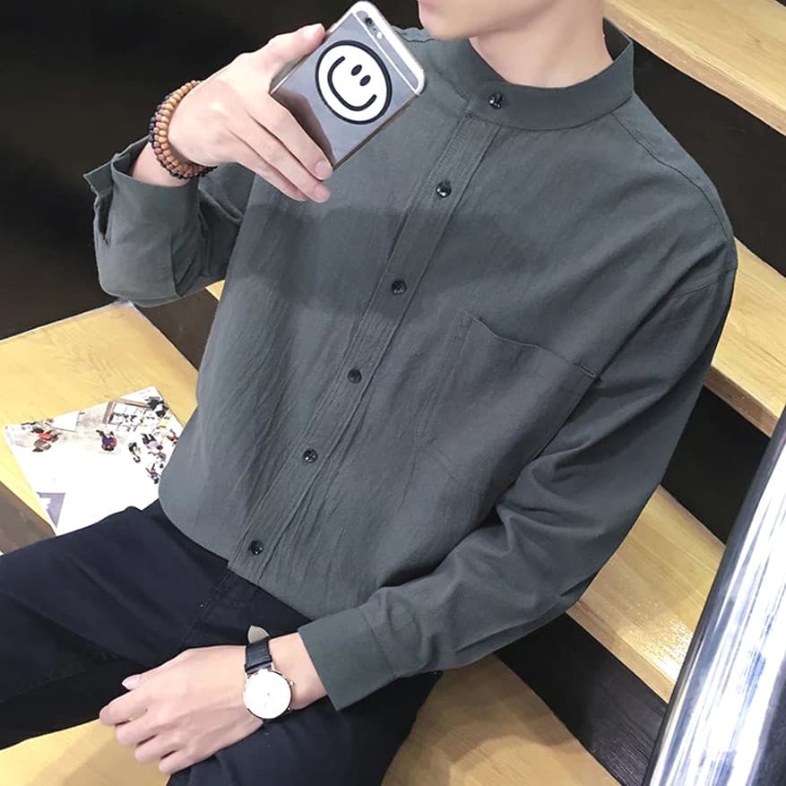 Camisa de linho de algodão de alta qualidade masculina gola alta ajuste fino de manga comprida respiração amigável à pel