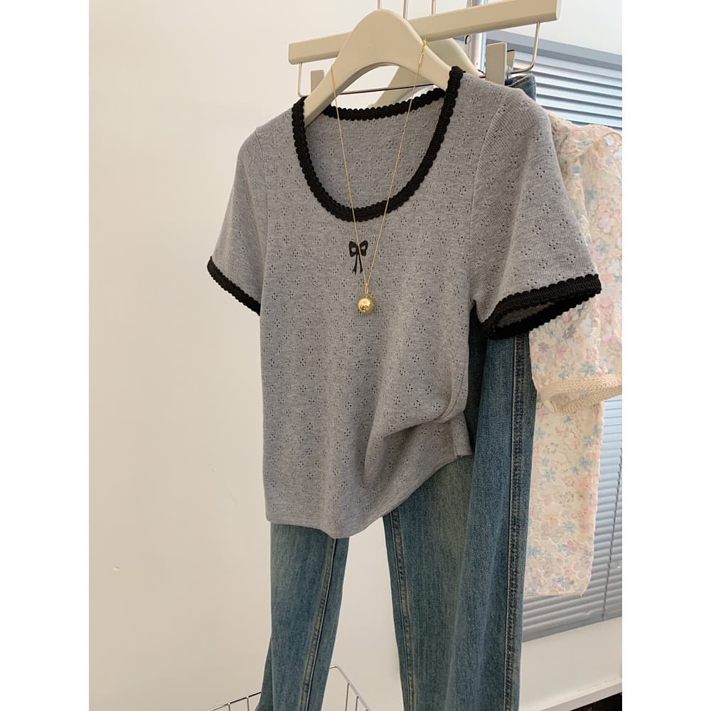 Solto mais magro olhar [40-100kg] Design oco seda gelo manga curta camiseta feminina verão estilo francês pescoço quadra