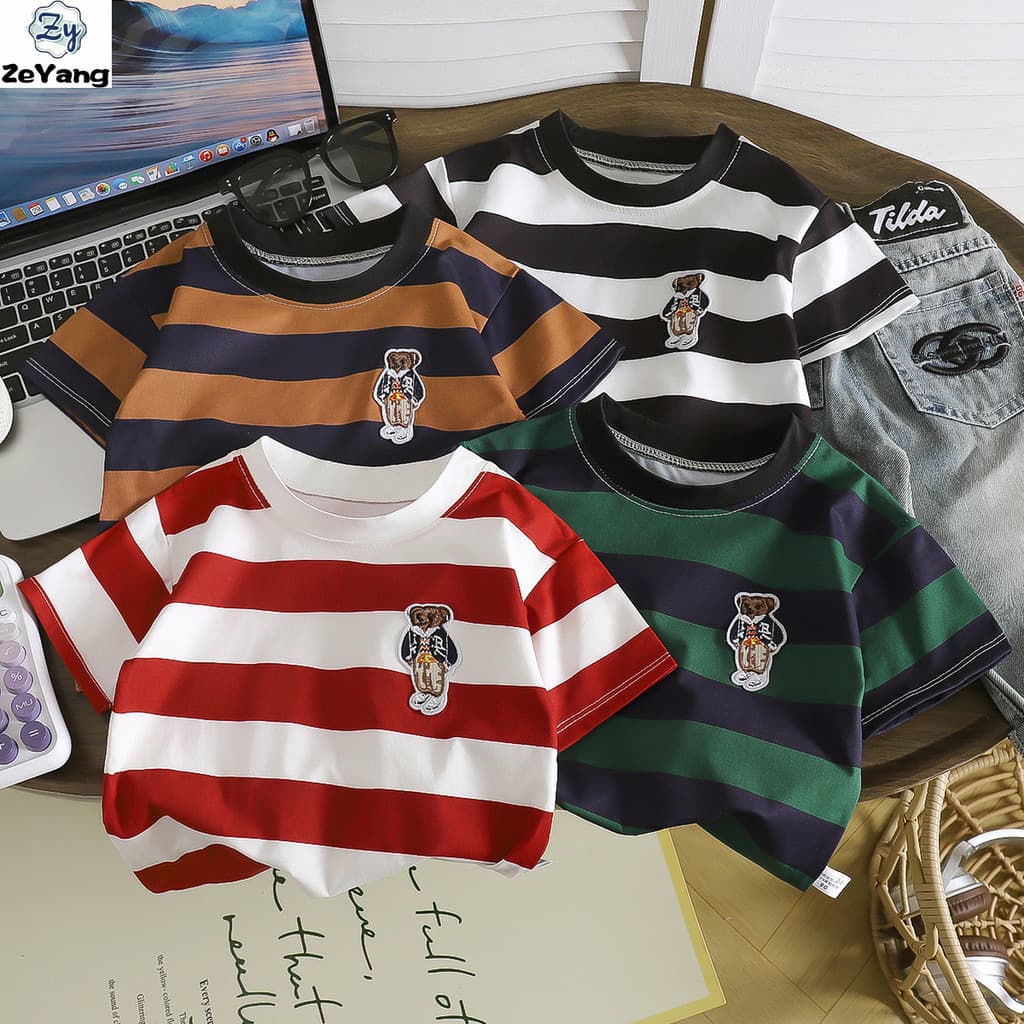 [ZY] 70-140 Camiseta infantil Casual de manga curta com desenho animado bordado curto camiseta listrada para bebê All-Ma