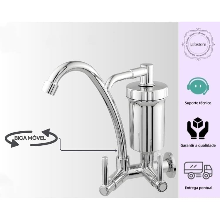 Torneira com Filtro Gourmet Flexível Cozinha Parede 1/4 de Volta com Refil