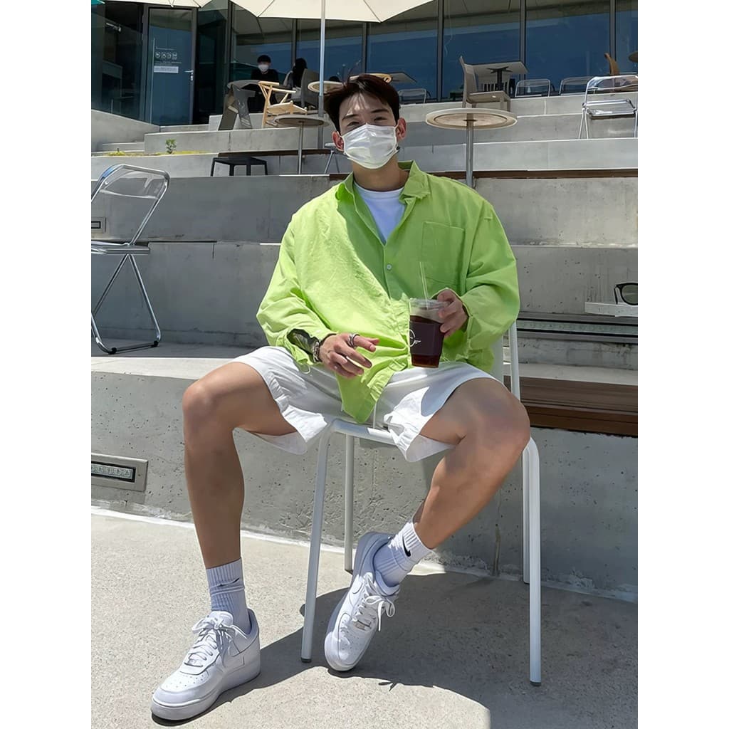 Camisa de algodão puro verde masculina dopamina americana solta manga comprida protetor solar Cardigan bolso Casual cami