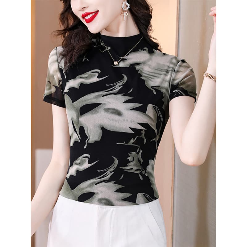 Meia gola alta estilo ocidental camiseta de manga curta feminina 2026 verão novo estilo gaze impressa Slim-Fit tamanho g
